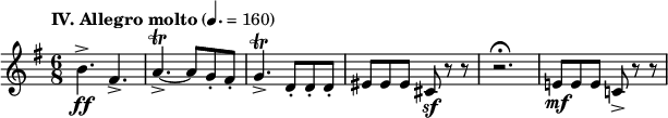 
\layout {
  ragged-last = ##t
}
\relative c''{
   \tempo \markup "IV. Allegro molto" 4. = 160
   \set Staff.midiInstrument = #"string ensemble 1"
   \clef treble
   \key g \major
   \numericTimeSignature \time 6/8
   b4.->\ff fis4.->
   a4.~->\trill a8 g-. fis-.
   g4.->\trill d8-. d-. d-.
   eis8 eis eis cis\sf r r
   r2.\fermata
   e!8\mf e e c!-> r r
}
