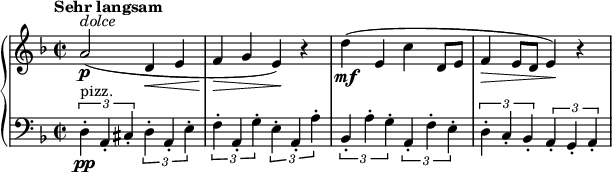 
\relative c'' {
  \new PianoStaff <<
    \new Staff {
      \set Staff.midiInstrument = #"oboe" \key f \major \clef treble \time 2/2 \set Score.tempoHideNote = ##t \tempo "Sehr langsam" 2 = 25
      a2 ^\markup \italic { "dolce" } \p ( d,4 \< e4 |
      f4 \! \> g4 e4 ) \! r4 |
      d'4 \mf ( e,4 c'4 d,8 e8 |
      f4 \> e8 d8 e4 ) \! r4 |
    }
    \new Staff {
      \set Staff.midiInstrument = #"pizzicato strings" \key f \major \clef bass \time 2/2
      \times 2/3 {
        d,4 \pp ^"pizz." -. a4 -. cis4 -.
      }
      \times 2/3 {
        d4 -. a4 -. e'4 -.
      } |
      \times 2/3 {
        f4 -. a,4 -. g'4 -.
      }
      \times 2/3 {
        e4 -. a,4 -. a'4 -.
      } |
      \times 2/3 {
        bes,4 -. a'4 -. g4 -.
      }
      \times 2/3 {
        a,4 -. f'4 -. e4 -.
      } |
      \times 2/3 {
        d4 -. c4 -. bes4 -.
      }
      \times 2/3 {
        a4 -. g4 -. a4 -.
      } |
    }
  >>
}
