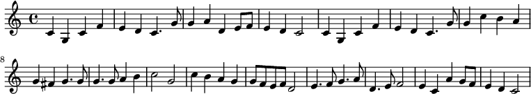 \relative c' { c g c f e d c4. g'8 g4 a d, e8 f8 e4 d c2 c4 g c f e d c4. g'8 g4 c b a g fis g4. g8 g4. g8 a4 b c2 g c4 b a g g8 f e f d2 e4. f8 g4. a8 d,4. e8 f2 e4 c a' g8 f e4 d c2}