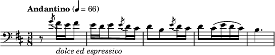 
\relative d{
   \tempo \markup "Andantino" 4 = 66
   \set Staff.midiInstrument = #"oboe"
   \clef bass
   \key b \minor
   \numericTimeSignature \time 3/8
    r8 \acciaccatura g'8 fis16_\markup{\italic "dolce ed espressivo"} e fis8
    e16 d e8 \acciaccatura e8 d16 cis
    d8 b \acciaccatura e8 d16 cis
    d8 cis16( e d cis)
    b4.(
}
