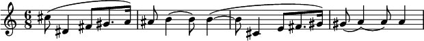 \relative c' { \time 6/8 cis'8( dis,4 fis8 gis8. a16 ) ais8 b4( b8) b4(~ b8~ cis,4 e8 fis8. gis16 ) gis8( a4)( a8) a4 }