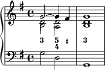 
    {
      \new PianoStaff <<
        \new Staff <<
            \new Voice \relative c'' {
                 \clef treble \key g \major \time 4/4 \tempo 2 = 60 \set Score.tempoHideNote = ##t
              << { g2~ g4 fis } \\ { d2 d } \\ \\ { s2 \once \override NoteColumn.force-hshift = 0 a2 } \once \override NoteColumn.force-hshift = 0 b2 >> |
              < b d g >1 |
                }
                \new FiguredBass {
                    \figuremode {
                     <3>2 <5 4>4 <_+> <3>1
    }
  }
            >>
        \new Staff <<
            \new Voice \relative c' {
                \stemDown \clef bass \key g \major \time 4/4
                g2 d g,1
                }
            >>
    >> }
