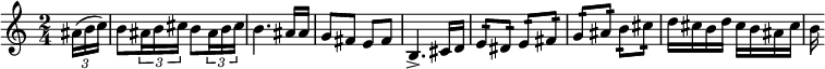 
{
   \relative c' {
      \key a \minor
      \time 2/4
      \set Score.tempoHideNote = ##t \tempo 4 = 90
      \set Staff.midiInstrument = "tremolo strings"
      \transposition c'
        \partial 8 \times 2/3 { ais'16( b c) } | b8 \times 2/3 { ais16 b cis } b8 \times 2/3 { ais16 b cis } |
        b4. ais16 ais | g8 fis e fis | b,4.-> cis16 d |
        e8:16 dis: e: fis: | g: ais: b: cis: | d16 cis b d cis b ais cis | b
      }
}
