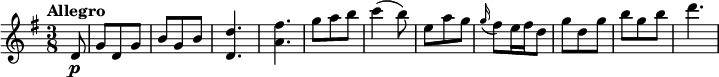 
  \relative c'' {
    \version "2.18.2"
    \key g \major
    \tempo "Allegro"
    \time 3/8
    \tempo 4 = 160
   \partial 2 d,8 \p  
   g d g b g b
   <d, d'>4.
   <a' fis'>4.
   g'8 a b
   c4 (b8)
   e,8 a g
  \grace g16 (fis8) e16 fis d8
  g d g b g b
  d4.
  }
