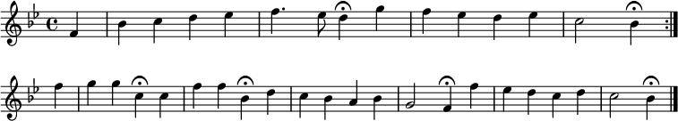 
\new Staff <<
\clef treble
\new Voice = "Soprano"
  { \key bes \major \tempo 4=80 \set Staff.midiInstrument = "english horn" {
      \set Score.tempoHideNote = ##t
      \override Score.BarNumber  #'transparent = ##t      
      \time 4/4      
      \relative c'
      \repeat volta 2 { \partial 4 f | bes4 c d es | f4. es8 d4\fermata g | f es d es | c2 bes4\fermata } \break 
      \relative c'' {
      f4 | g g c,\fermata c | f f bes,\fermata d | c bes a bes | g2 f4\fermata f' | es d c d | c2 bes4\fermata \bar "|."
      }
    }
  }
>>
