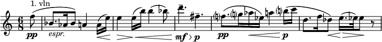 
\relative c'' {
\set Staff.midiInstrument = #"string ensemble 1"
\set Score.tempoHideNote = ##t \tempo 8 = 60
\time 6/8
  \set Score.barNumberVisibility = #all-bar-numbers-visible
  \override TupletBracket #'stencil = ##f
  \set Score.currentBarNumber = #1
  \key c\major
  % Permit first bar number to be printed
  \partial 8
f8\pp^"1. vln"(|bes,8._\markup {\italic { espr. }}

as16 bes8) a4 a16\<( e') | e4\> e16\<( b') b4( bes8) | d4.--\mf\> fis,--\p | f?8.\pp( g?16 as\< es) a4 b?16\p( c |d,8. f16 des8\<) e16.\>( es32) es8\! r8

}
