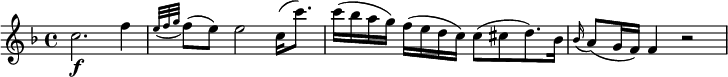  { \relative c'' { \key f \major \time 4/4
c2. \f f4 | \appoggiatura { e32 f g } f8( e) e2 c16( c'8.) | c16( bes a g) f( e d c) c8[( cis d8. ) bes16] |
\appoggiatura bes16 a8( g16 f) f4 r2 }} 