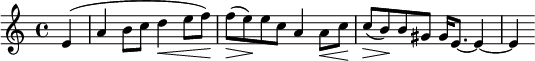 
\relative c'' {
\set Staff.midiInstrument = #"string ensemble 1"
\set Score.tempoHideNote = ##t \tempo 4 = 80
\time 4/4
  \set Score.barNumberVisibility = #all-bar-numbers-visible
  \override TupletBracket #'stencil = ##f
  \set Score.currentBarNumber = #1
  \key a\minor
  % Permit first bar number to be printed
  \partial 4
e,4(|a b8 c d4\< e8 f\!)| f\>( e\!) e c a4 a8\< c\! | c\>( b\!) b gis gis16 e8.~ e4~ e4
}
