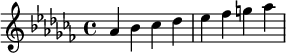  \relative c'' { \clef treble\key as \minor as bes ces des | es fes g as  } 