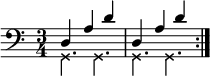 
    \new Staff <<
       \new voice \relative c {
           \set Staff.midiInstrument = #"acoustic bass"
           \set Score.tempoHideNote = ##t \tempo 4 = 150
           \time 3/4
           \clef bass        
           \stemUp \repeat volta 4 { d4 a' d4   d,4 a' d4   }
       }
       \new voice \relative c {
           \override NoteHead.style = #'cross
           \stemDown \repeat volta 4 { g4. g g g }
       }
   >>
