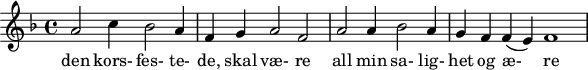 
X:1
M:none
L:1/4
K:f
A2 c1 B2 A1 | F1 G1 A2 F2 | A2 A1 B2 A1  | G1 F1 (F1 E1) F4  | 
w: den kors- fes- te- de, skal væ- re all min sa- lig- het og æ- re
