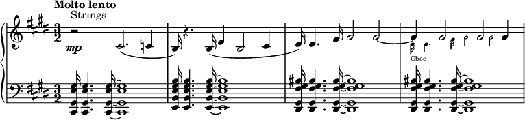 
{ \new PianoStaff <<
   \new Staff \relative c { \key e \major \time 3/2 \clef treble \tempo "Molto lento" \set Staff.midiInstrument = #"strings" r2\mp^"Strings" cis'2.( c4 b16) r4. b16( e4 b2 cis4 dis16) dis4. fis16 gis2 gis2 ~
<<
    {
            gis4 gis2 gis2 gis4
          }
  \new CueVoice { \set Staff.midiInstrument = #"oboe"
    \stemDown dis16_"Oboe" dis4. fis16 gis2 gis2
  }
>>
}
   \new Staff \relative c { \key e \major \time 3/2 \clef bass  \set Staff.midiInstrument = #"strings" \override Staff.NoteSpacing.stem-spacing-correction = #1.8
  \override Staff.StaffSpacing.stem-spacing-correction = #1.8  <gis' e gis, cis,>16 <gis e gis, cis,>4. <gis e gis, cis,>16 ~  <gis e gis, cis,>1 <b gis e b e,>16 <b gis e b e,>4. <b gis e b e,>16 ~  <b gis e b e,>1  <bis gis fis gis, dis>16 <bis gis fis gis, dis>4. <bis gis fis gis, dis>16 ~  <bis gis fis gis, dis>1 <bis gis fis gis, dis>16 <bis gis fis gis, dis>4. <bis gis fis gis, dis>16 ~  <bis gis fis gis, dis>1 } >> }
