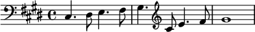 { \clef bass \key e \major \time 4/4 cis4. dis8 e4. fis8 gis4. \clef treble cis'8 e'4. fis'8 gis'1 }