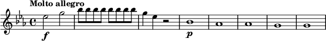 
\relative c'' { \set Staff.midiInstrument = #"string ensemble 1"
  \key es \major
  \tempo "Molto allegro" \set Score.tempoHideNote = ##t \tempo 2 = 84
  es2\f g |
  \repeat unfold 8 { bes8 } |
  g4 es r2 |
  bes1\p | as | as | g | g |
}
