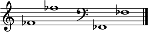 
\new Staff \with
{
  \omit TimeSignature
  fontSize = #2
  \override StaffSymbol.staff-space = #1.25
  \override StaffSymbol.thickness = #1.25
  \override Clef.full-size-change = ##t
  \override BarLine.hair-thickness = #2.4
  \override BarLine.thick-thickness = #7.5
  \override BarLine.kern = #3.75
  \override BarLine.transparent = ##t
}
{
  \time 18/8
  \clef treble
  s8
  fes'1 fes''
  s8
  \grace s8
  \clef bass
  \bar "|"
  s8
  fes,1 fes
  \override Staff.BarLine.transparent = ##f
  \bar "|."
}
