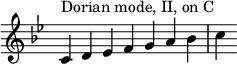 
{
\key c \dorian
\override Score.TimeSignature #'stencil = ##f
\relative c' { 
  \clef treble 
  \time 7/4 c4^\markup { Dorian mode, II, on C } d es f g a bes c
} }
