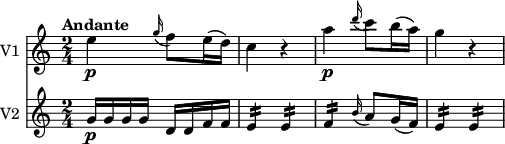 
<<
  \new Staff \with { instrumentName = #"V1 "}  
  \relative c'' {
     \version "2.18.2"
     \key c \major
    \tempo "Andante"
    \time 2/4
    \tempo 4 = 50	
   e4 \p  \grace g16 (f8) e16 (d)
    c4 r4
    a'4 \p  \grace d16 (c8) b16 (a)
    g4 r4
  }
  \new Staff \with { instrumentName = #"V2 "}
  \relative c'' {
    \key c \major
    \time 2/4
    g16\p g g g d 
    d f f
    e4:16 e4:16
    f4:16 \grace b16 (a8) g16 (f)
    e4:16 e4:16
  }
>>
