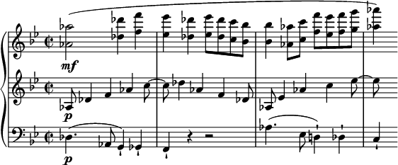 
\relative c'' {
  \new PianoStaff <<
    \new Staff {
      \set Staff.midiInstrument = #"flute" \key bes \major \clef treble\time 2/2 \set Score.tempoHideNote = ##t \tempo 2 = 50
      <as as'>2 \mf ( <des des'>4 <f f'>4 |
      <es es'>4 <des des'>4 <es es'>8 <des des'>8 <c c'>8 <bes bes'>8 |
      <bes bes'>4 <as as'>8 <c c'>8 <f f'>8 <es es'>8 <f f'>8 <g g'>8 |
      <as as'>4 ) 
    }
    \new Staff {
      \set Staff.midiInstrument = #"string ensemble 1" \key bes \major \clef treble\time 2/2
      as,,8 \p des4 f4 as4 c8 ~ |
      c8 des4 as4 f4 des8 |
      as8 es'4 as4 c4 es8 ~ | % 4
      es8 
    }
    \new Staff {
      \set Staff.midiInstrument = #"string ensemble 1" \key bes \major \clef bass \time 2/2
      des,,4. \p ( as8 g4 ) -! ges4 -! |
      f4 -! r4 r2 |
      as'4. ( es8 d!4 ) -! des4 -! |
      c4 -! 
    }
  >>
}
