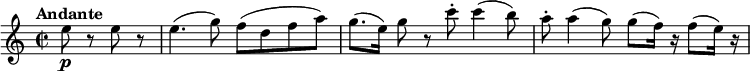 \relative c'' {
\key c \major
\time 2/2
\set Staff.midiInstrument = "string ensemble 2"
\tempo "Andante"
\partial 2 e8\p r8 e8 r8 |
e4. (g8) f8 (d8 f8 a8) |
[g8. (e16)] g8 r8 c8-. c4 (b8) |
a8-. a4 (g8) g8 (f16) r16 f8 (e16) r16
}