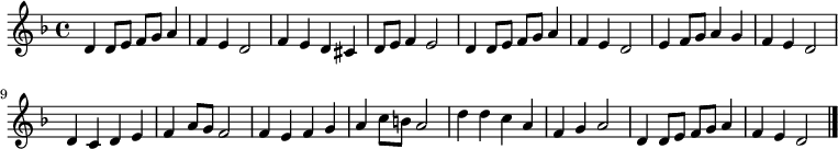 
 \relative d' {\set Staff.midiInstrument = #"church organ" \set Score.tempoHideNote = ##t \tempo 4 = 75
   \key d \minor
   \time 4/4
  d4 d8 e f g a4 f e d2
  f4 e d cis d8 e f4 e2
  d4 d8 e f g a4 f e d2
  e4 f8 g a4 g f e d2
  d4 c d e f a8 g f2
  f4 e f g a c8 b a2
  d4 d c a f g a2
  d,4 d8 e f g a4 f e d2
  \bar "|."
  }
 