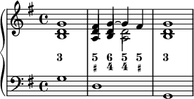 
    {
      \new PianoStaff <<
        \new Staff <<
            \new Voice \relative c' {
                 \clef treble \key g \major \time 4/4 \tempo 2 = 45 \set Score.tempoHideNote = ##t
              <b d g>1 | << {fis'4 g~ g fis} \\ {s2 d} \\ {\once \override NoteColumn.force-hshift = 0 d4 \once \override NoteColumn.force-hshift = 0 d s2} \\ {s2 \once \override NoteColumn.force-hshift = 0 a} \\ {\once \override NoteColumn.force-hshift = 0 a4 \once \override NoteColumn.force-hshift = 0 b s2} >> |
              < b d g >1 |
                }
                \new FiguredBass {
                    \figuremode {
                     <3>1 <5 _+>4 <6 4> <5 4> <5 _+> <3>1
    }
  }
            >>
        \new Staff <<
            \new Voice \relative c' {
                \stemDown \clef bass \key g \major \time 4/4
                g1 d g,
                }
            >>
    >> }
