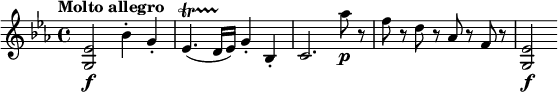 
\relative c' { \set Staff.midiInstrument = #"string ensemble 1"
  \version "2.18.2"
  \key es \major
  \tempo "Molto allegro" \set Score.tempoHideNote = ##t \tempo 4 = 144
 <g es'>2\f bes'4-. g-. es4.\startTrillSpan( d16\stopTrillSpan es) g4-. bes,-. c2. as''8\p r f r d r as r f r <g, es'>2\f
}
