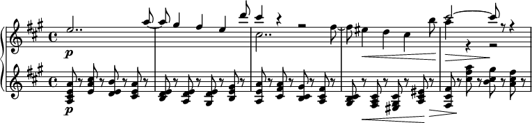 
{ \new PianoStaff <<
\new Staff \relative e'' { \set Staff.midiInstrument = #"string ensemble 1" \key a \major \clef treble \time 4/4 \set Score.tempoHideNote = ##t \tempo 4 = 100 \stemUp
  e2.. \p a8 ~ | % 2
  a8 gis4 fis4 e4 d'8 | % 3
  << { \voiceOne cis4 r4 r2 
        s1 
        cis2 ~ cis8 r8 r4 }
  \new Voice { \voiceTwo cis,2.. fis8 ~ 
         fis8 eis4 \< d4 cis4 b'8\! 
          a4\> r4 r2\! }
>> \oneVoice
  }
\new Staff \relative a { \set Staff.midiInstrument = #"string ensemble 1" \key a \major \clef treble \time 4/4
  <a cis e a>8 \p r8 <e' a cis>8
  r8 <d e b'>8 r8 <cis e a>8 r8 | % 2
  <b d e>8 r8 <a d e>8 r8 <gis d' e>8 r8 <b e gis>8 r8 | % 3
  <a e' a>8 r8 <cis fis a>8 r8 <b cis gis'>8 r8 <a cis fis>8 r8 |
  <gis b cis>8 r8 \< <fis a cis>8 r8 <eis gis cis>8 r8 <a cis eis>8 \! r8\> |
  <fis cis' fis>8 r8 \! <cis'' fis a>8 r8 <b cis gis'>8 r8 <a cis fis>8 r8}
>> }
