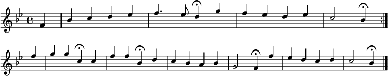 
\new Staff <<
\clef treble
\new Voice = "Soprano"
  { \voiceOne \key bes \major \tempo 4=80 \set Staff.midiInstrument = "flute" {
      \set Score.tempoHideNote = ##t
      \override Score.BarNumber  #'transparent = ##t      
      \time 4/4      
      \relative c'
      \repeat volta 2 { \partial 4 f | bes4 c d es | f4. es8 d4\fermata g | f es d es | c2 bes4\fermata } \break
      \relative c'' {
      f4 | g g c,\fermata c | f f bes,\fermata d | c bes a bes | g2 f4\fermata f' | es d c d | c2 bes4\fermata \bar "|."
      }
    }
  }
>>
