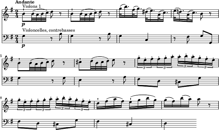 
<<
  \new Staff 
     \relative c'' { 
         \version "2.18.2"
         \clef "treble" 
         \tempo "Andante" 
         \key g \major
         \time 2/4
              b8-!\p ^\markup{Violons 1} b32 (a b c) d8 r8
               b8-! b32 (a b c) d8 r8
               g32 (b16.) fis32 (g16.) dis32 (e16.) a,32 (c16.)
               e32 (d!16.) a32 (c16.) b8 r8
                b8-! b32 (a b c) d8 r8
               cis8-! d32 (b cis d) e8 r8
               \tuplet 3/2 {g16-. e-. fis-.} \tuplet 3/2 {fis16-. g-. a-.} \tuplet 3/2 {a16-. b-. a-.}  \tuplet 3/2 {g16-. fis-. e-.}
               \tuplet 3/2 {g16-. e-. fis-.} \tuplet 3/2 {fis16-. g-. a-.} \tuplet 3/2 {a16-. b-. a-.}  \tuplet 3/2 {g16-. fis-. e-.}
               d16-! fis (a fis) e-! (g b g)
               g (fis) b (a) a8 r8
}
\new Staff 
\relative c'' { 
         \clef "bass" 
         \tempo "Andante" 
         \key g \major
         \time 2/4
          g,4\p^\markup{Violoncelles, contrebasses}  r8 b8
          g4 r8 b8
          g4 c,
          r8 fis8 g g,
          g'4 r8 g8
          e4 r8 a8
          fis d cis g'
          fis d cis g'
          fis4 cis
          d        
 }
>>
