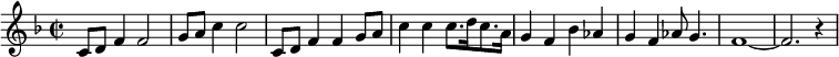 {\key f \major\time 2/2 c'8 d' f'4 f'2 g'8 a'8 c''4 c''2 c'8 d' f'4 f'4 g'8 a'8 c''4 c'' c''8. d''16 c''8. a'16 g'4 f' bes' as' g' f' as'8 g'4. f'1~f'2. r4 }