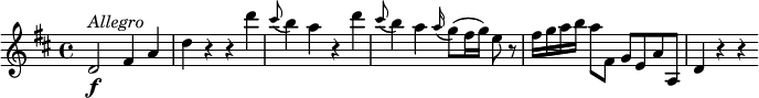 
\relative c' {
  \key d \major
  d2\f^\markup { \italic Allegro } fis4 a |
  d4 r r d' |
  \grace cis8 (b4) a r d |
  \grace cis8 (b4) a \grace a16 (g8) (fis16 g) e8 r |
  fis16 g a b a8 fis, g[ e a a,]
  d4 r4 r4
}
