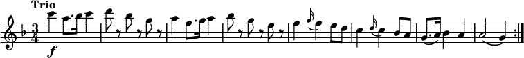 
\relative c'' {
  \version "2.18.2"
  \key f \major
  \tempo "Trio"
  \time 3/4
  \tempo 4 = 150
  c'4\f a8. bes16 c4
  d8 r8 bes r8 g r8
 a4 f8. g16 a4
  bes8 r8 g r8 e r8
  f4  \grace g16 (f4) e8 d
 c4  \grace d16 (c4) bes8 a
  g8. [(a16)] bes4 a
  a2 (g4)
  \bar ":|."
}
