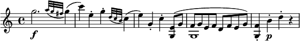  \relative g'' {
\key c \major \time 4/4
g2. \f \appoggiatura { a32 g fis } g4(
c4) e,-. g-. \appoggiatura { d32 c b } c4(
e4) g,-. c-. << \new Voice { \slurUp <e, g,>8( g | f8 g e f d f e g) }
                \new Voice { s4 | g,1 } >>
<f' g,>4-. b-. \p d-. r
} 