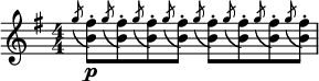   \relative c'' { \set Score.tempoHideNote = ##t \tempo 4 = 92 \set Staff.midiInstrument = #"flute" \clef treble \numericTimeSignature \time 4/4 \key g \major \slashedGrace { g'8( } <fis b,>8-.)\p \slashedGrace { g( } <fis b,>-.) \slashedGrace { g( } <fis b,>-.) \slashedGrace { g( } <fis b,>-.) \slashedGrace { g( } <fis b,>-.) \slashedGrace { g( } <fis b,>-.) \slashedGrace { g( } <fis b,>-.) \slashedGrace { g( } <fis b,>-.) } 