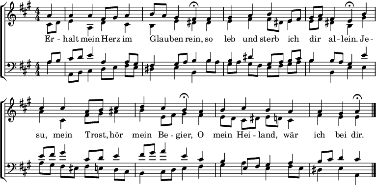 
\header { tagline = " " }
\layout { indent = 0 \context { \Score \remove "Bar_number_engraver" } }
global = { \transposition b \key a \major \numericTimeSignature \time 4/4 \set Score.tempoHideNote = ##t \set Timing.beamExceptions = #'() }
\score {
  \new ChoirStaff <<
    \new Staff
    <<
      \new Voice = "soprano" { \voiceOne
        \relative c'' { \global
          \partial 4 a4 |
          a a fis8 gis a4 | b8 a gis4 fis\fermata fis |
          gis a b e,8 fis | gis a fis4 e\fermata b' |
          cis cis a8 b cis4 | d cis b\fermata a |
          b cis b a | a gis a\fermata \bar "|."
        }
      }
      \new Voice = "alto" { \voiceTwo
        \relative c' { \global
          \partial 4 cis8 d |
          e4 a, d cis | b e dis dis |
          e fis fis8 dis e4 | e8 fis dis4 b gis' |
          a cis, fis8 gis ais4 | b e,8 fis gis4 fis |
          e8 d cis dis e d cis4 | fis e e
        }
      }
    >>
    \new Lyrics \lyricsto "soprano" {
      Er -- halt mein Herz _ im Glau -- _ ben rein,
      so leb und sterb ich _ dir _ al -- lein.
      Je -- su, mein Trost, _ hör mein Be -- gier,
      O mein Hei -- land, wär ich bei dir.
    }
    \new Staff
    <<
      \clef bass
      \new Voice = "tenor" { \voiceOne
        \relative c' { \global
          \partial 4 a8 b |
          cis d e4 a, a8 gis | fis4 gis8 a b4 b |
          b dis gis,8 a b cis | b4 b8 a gis4 e' |
          e8 fis gis4 cis,8 d e4 | fis8 gis a4 e cis |
          b e,8 fis gis4 a | b8 cis d4 cis
        }
      }
      \new Voice = "bass" { \voiceTwo
        \relative c' { \global
          \partial 4 a4 |
          a,8 b cis4 d8 e fis e | dis4 e b  b'8 a |
          gis a gis fis e fis gis a | b4 b, e e |
          a8 gis fis eis fis e d cis | b4 cis8 d e4 fis |
          gis a e fis8 e | dis4 e a,
        }
      }
    >>
  >>
  \layout { }
}
\score {
  \new ChoirStaff <<
    \new Staff \with { midiInstrument = "choir aahs" }
    <<
      \new Voice = "soprano" { \voiceOne
        \relative c'' { \global
          \tempo 4=76
          \partial 4 a4 |
          a a fis8 gis a4 | b8 a gis4 \tempo 4=60 fis8 r8 \tempo 4=76 fis4 |
          gis a b e,8 fis | gis a fis4 \tempo 4=60 e8 r8 \tempo 4=76 b'4 |
          cis cis a8 b cis4 | d cis \tempo 4=60 b8 r8 \tempo 4=76 a4 |
          b cis b a | \tempo 4=60 a \tempo 4=44 gis \tempo 4=24 a r
        }
      }
      \new Voice = "alto" { \voiceTwo
        \relative c' { \global
          \partial 4 cis8 d |
          e4 a, d cis | b e dis8 r8 dis4 |
          e fis fis8 dis e4 | e8 fis dis4 b8 r8 gis'4 |
          a cis, fis8 gis ais4 | b e,8 fis gis8 r8 fis4 |
          e8 d cis dis e d cis4 | fis e e r
        }
      }
    >>
    \new Staff \with { midiInstrument = "choir aahs" }
    <<
      \clef bass
      \new Voice = "tenor" { \voiceOne
        \relative c' { \global
          \partial 4 a8 b |
          cis d e4 a, a8 gis | fis4 gis8 a b8 r8 b4 |
          b dis gis,8 a b cis | b4 b8 a gis r e'4 |
          e8 fis gis4 cis,8 d e4 | fis8 gis a4 e8 r8 cis4 |
          b e,8 fis gis4 a | b8 cis d4 cis r
        }
      }
      \new Voice = "bass" { \voiceTwo
        \relative c' { \global
          \partial 4 a4 |
          a,8 b cis4 d8 e fis e | dis4 e b8 r8 b' a |
          gis a gis fis e fis gis a | b4 b, e8 r8 e4 |
          a8 gis fis eis fis e d cis | b4 cis8 d e r fis4 |
          gis a e fis8 e | dis4 e a, r
        }
      }
    >>
  >>
  \midi { }
}
