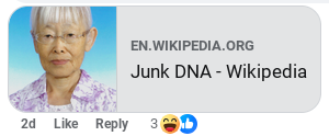 A link to the "Junk DNA" article, as it appears in a Facebook comment, including a seemingly inappropriate thumbnail image.