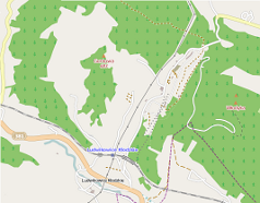 Mapa konturowa Ludwikowic, blisko centrum na prawo znajduje się punkt z opisem „Kopalnia Wacław”