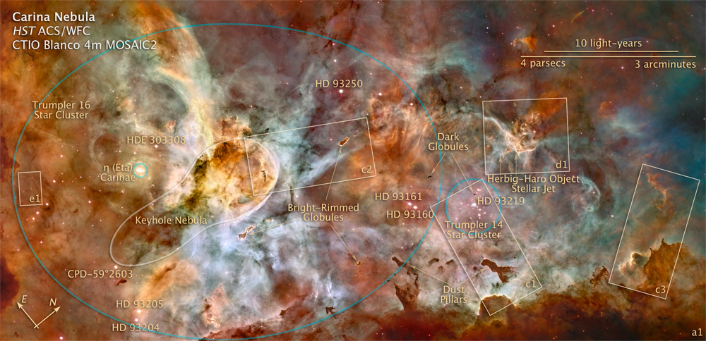 Obiekty astronomiczne w NGC 3372, zasięg gromad gwiazd zaznaczono błękitnymi owalami