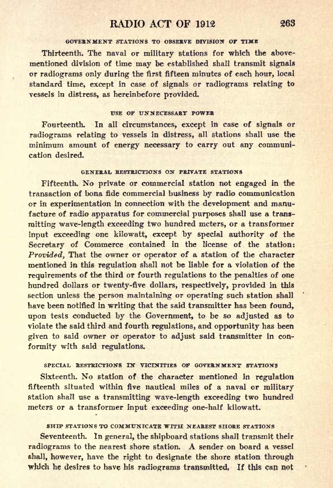 A page from the book "Radio for All" (1922) which shows a portion of the Radio Act of 1912