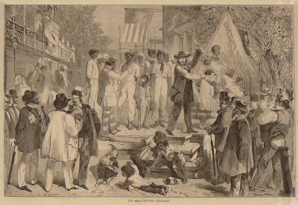 An 1865 French engraving depicting an outdoor slave auction in Richmond's slave market.