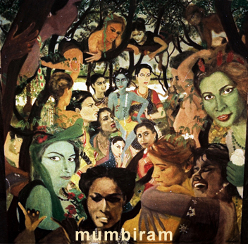 Rasa Renaissance Masterpiece "Forest Women visit Krishna and the Gopis" Oil on canvas, by Mumbiram, 1985