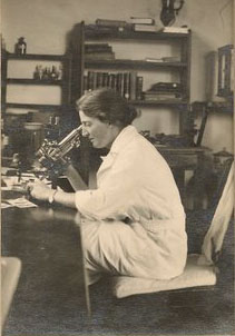 Dr. Lucy Wills, facing left seated at a desk, looking with her right eye down a microscope.