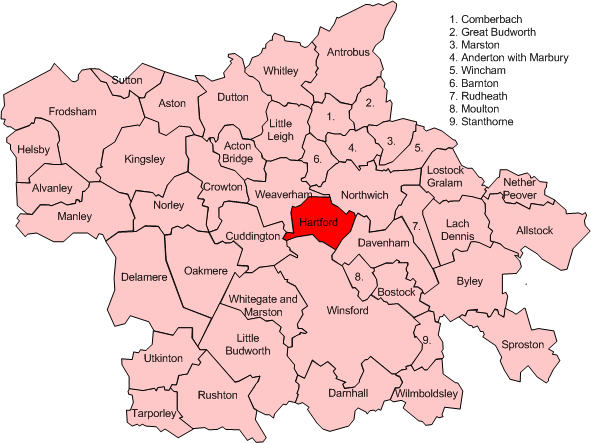 Hartford (rot) innerhalb des früheren Boroughs Vale Royal