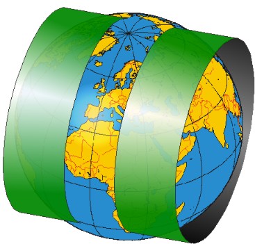 UTM-Zylinderprojektion, Streifenbreite überhöht (sie beträgt lediglich 360 km). Die Durchdringungskreise sind die beiden Kreise, wo die Erdoberfläche den grünen Zylinder berührt.
