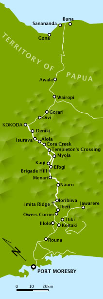 Kokoda-Trail von 1942, leicht nach links gedreht, sodass Nordosten am oberen Bildrand liegt.