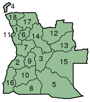 Angolanın bölgelerinin numaralandırılmış haritası