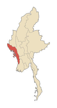 मानचित्र जिसमें रखाइन राज्य ရခိုင်ပြည်နယ် Rakhine State हाइलाइटेड है