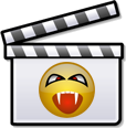 Clip art icon of a clapperboard with a vampire smiley on it