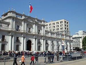 Fénix-2 capsule on display in front of La Moneda presidential palace in Santiago