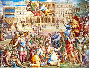 Papst Gregor XI. wird von der Heiligen Katharina von Siena 1377 zurück nach Rom begleitet (Fresko von Giorgio Vasari, c. 1571–1574)